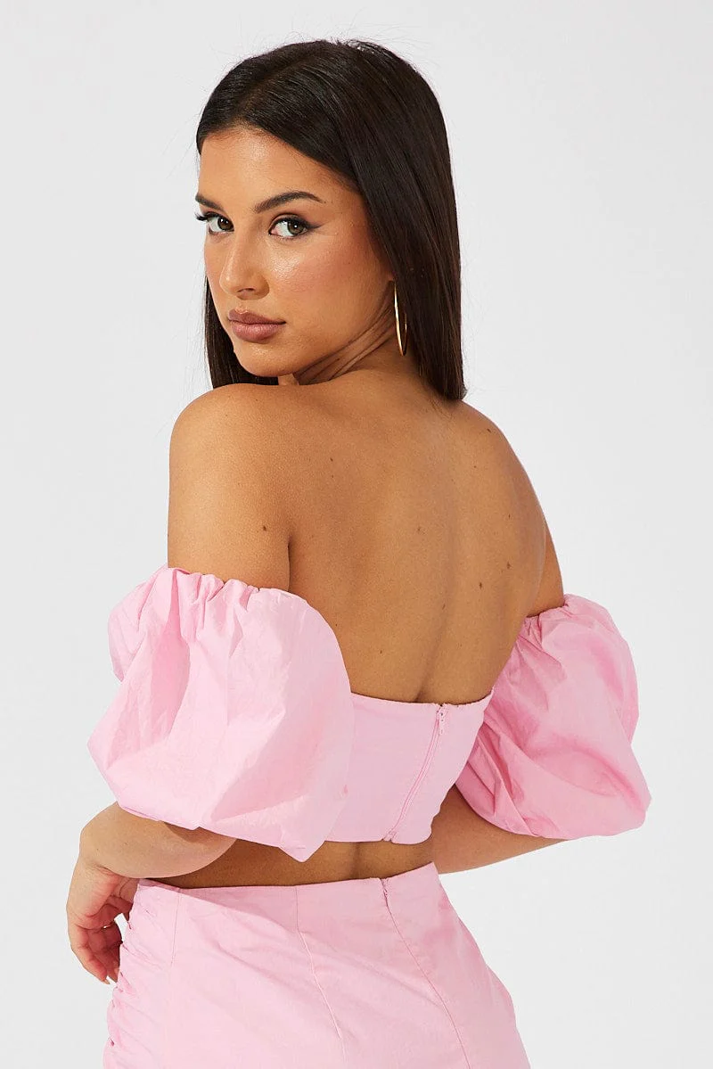Pink Crop Top Balloon Sleeve Bardot Shoulder - Image 5