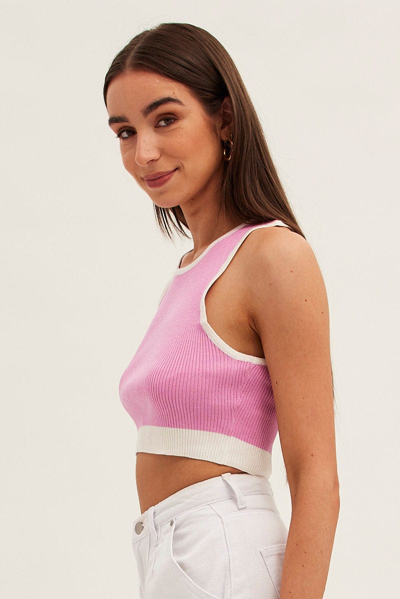 Pink Crop Top Knit Contrast Binding - Image 4