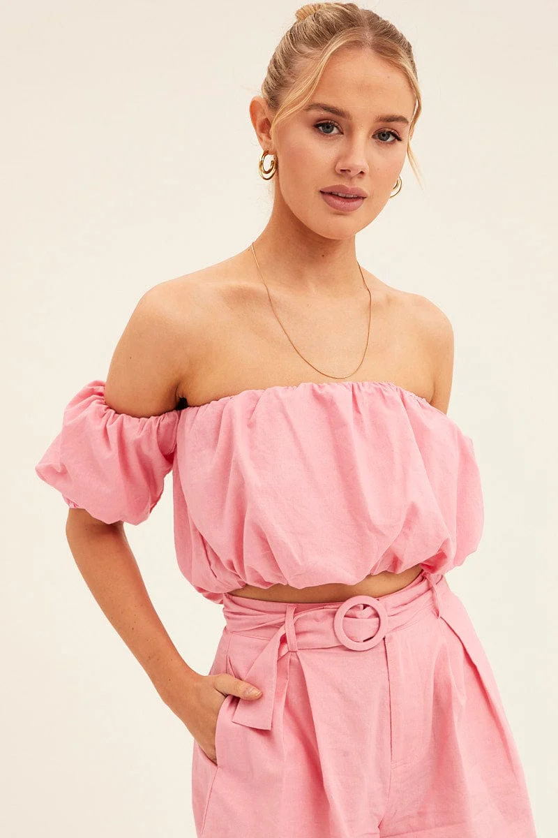 Pink Crop Top Off Shoulder Puff Sleeve - Image 3