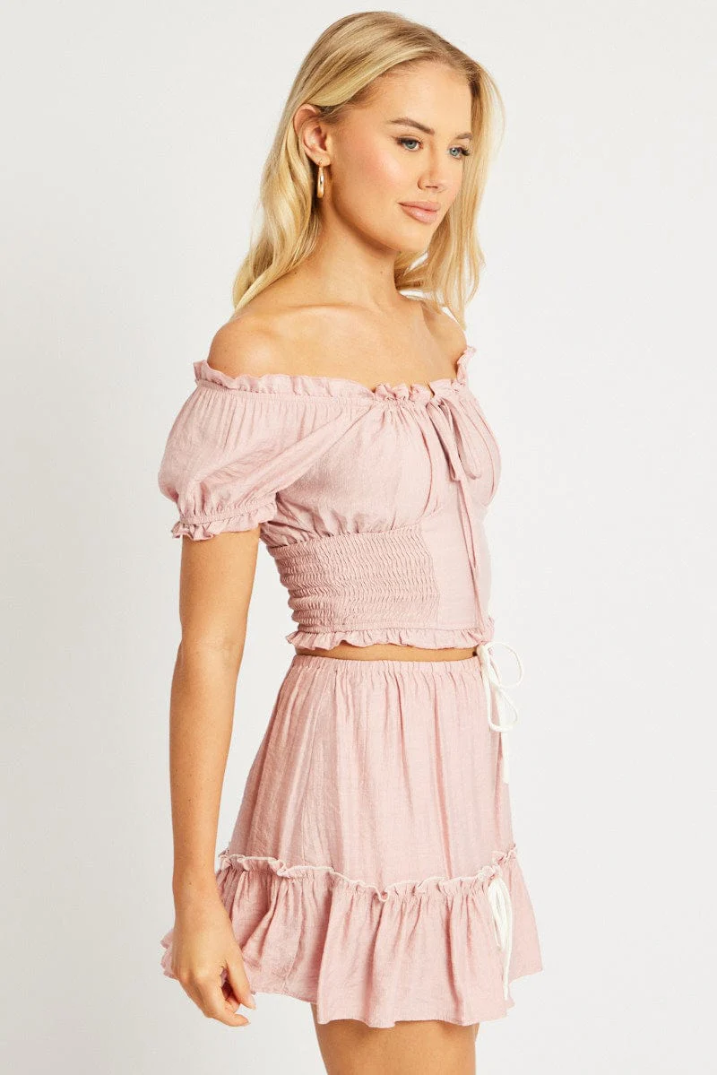 Pink Crop Top Short Sleeve Shirred Waist - Image 4