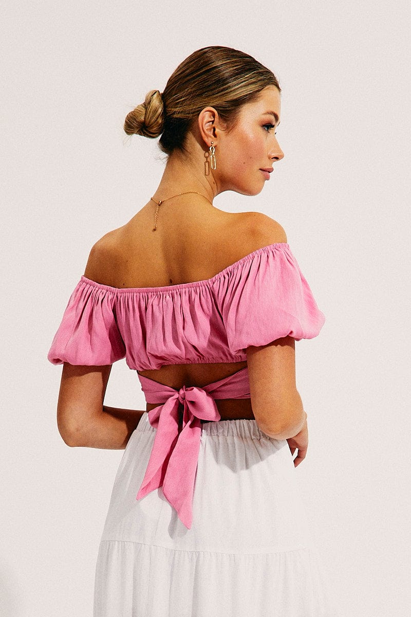 Pink Crop Top Short Sleeve Sweetheart Neckline Tie Back - Image 5