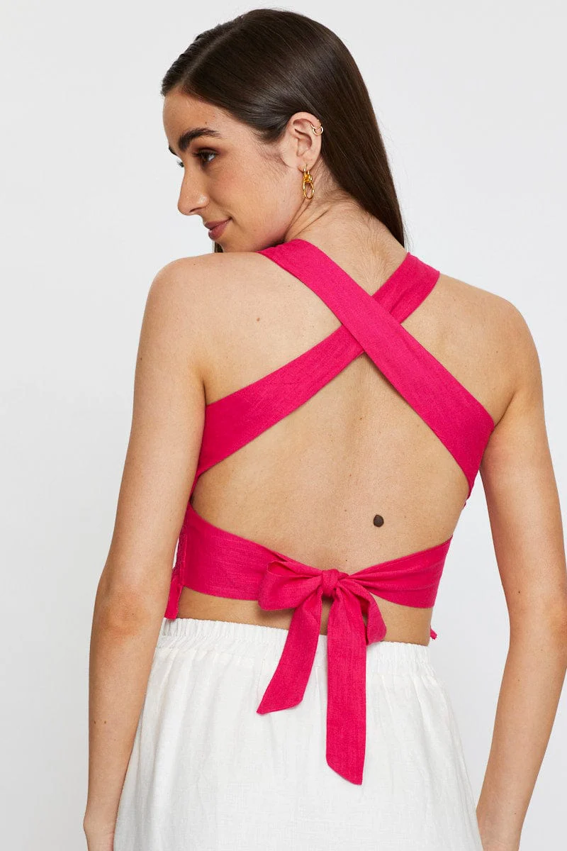 Pink Crop Top Tie Up Satin - Image 5