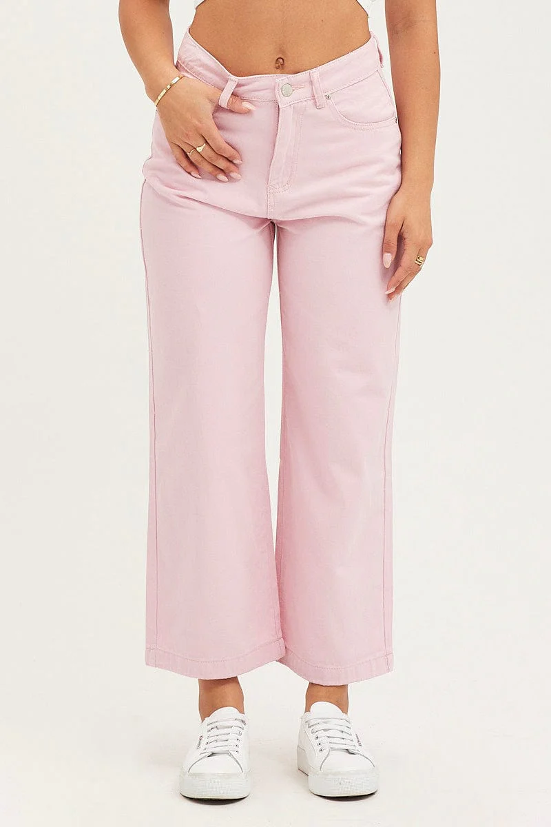 Pink Denim Jeans Wide Leg High Rise Cropped - Image 2