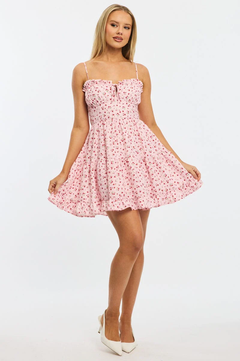Pink Ditsy Fit And Flare Dress Mini - Image 3