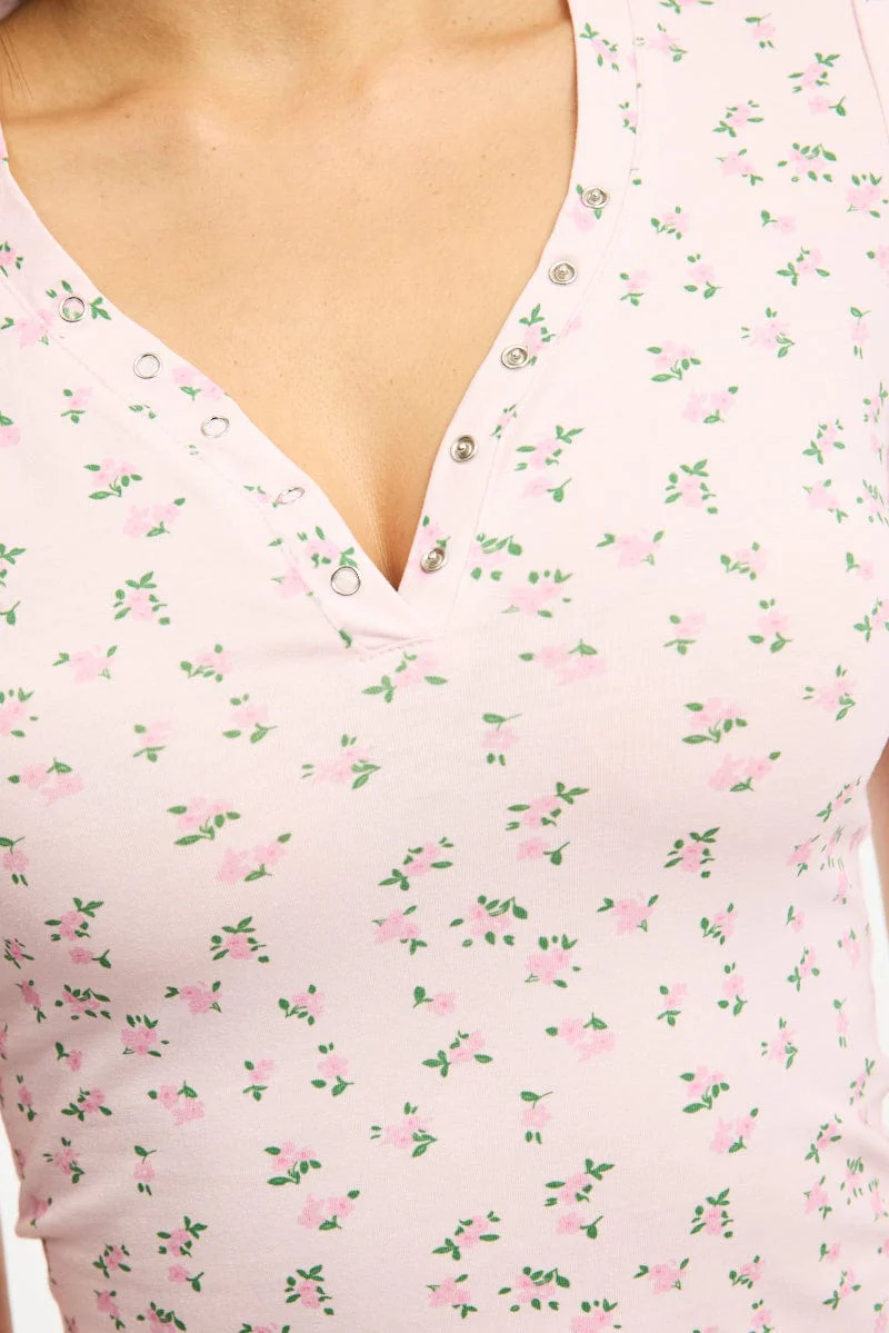 Pink Ditsy Henley Top Short Sleeve - Image 5