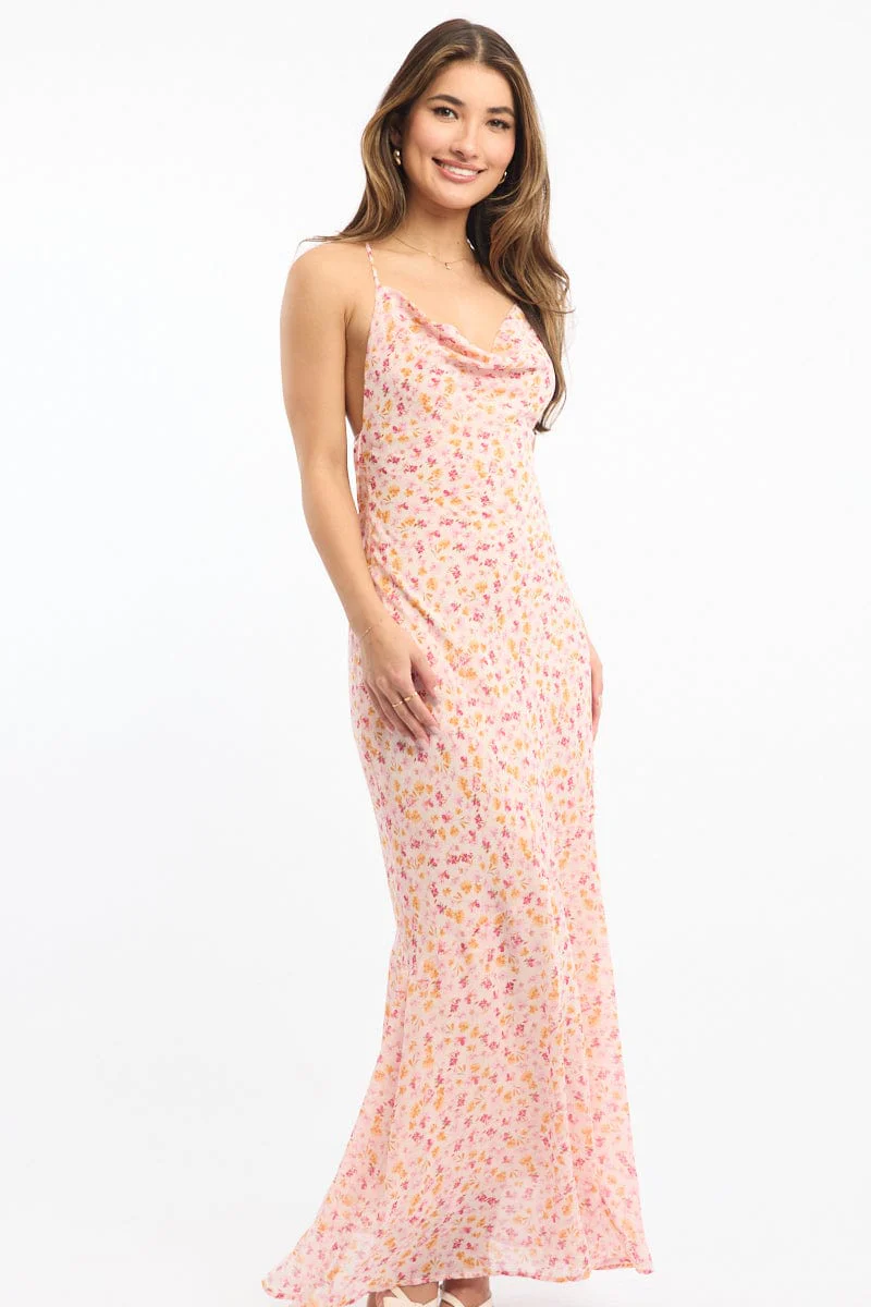 Pink Ditsy Maxi Dress Cowl Neck - Image 2