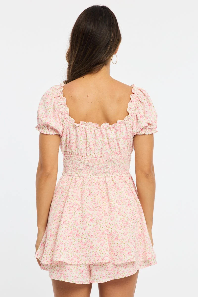 Pink Ditsy Playsuit Puff Sleeve Mini - Image 4