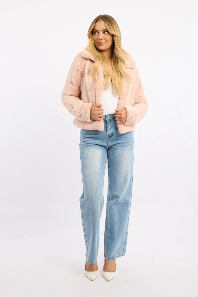 Pink Faux Fur Jacket With Lapel Collar - Image 2