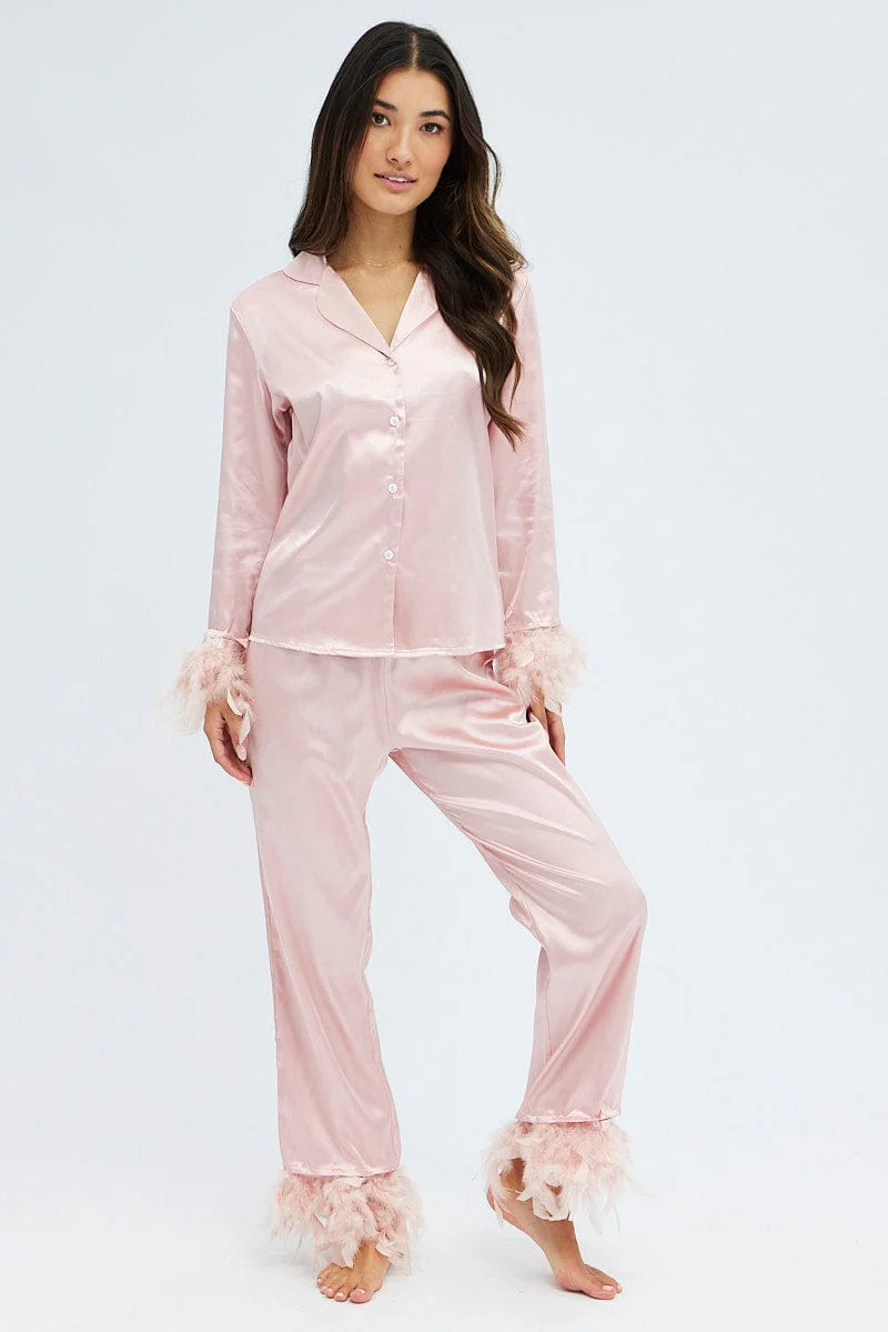 Pink Feather Satin Set