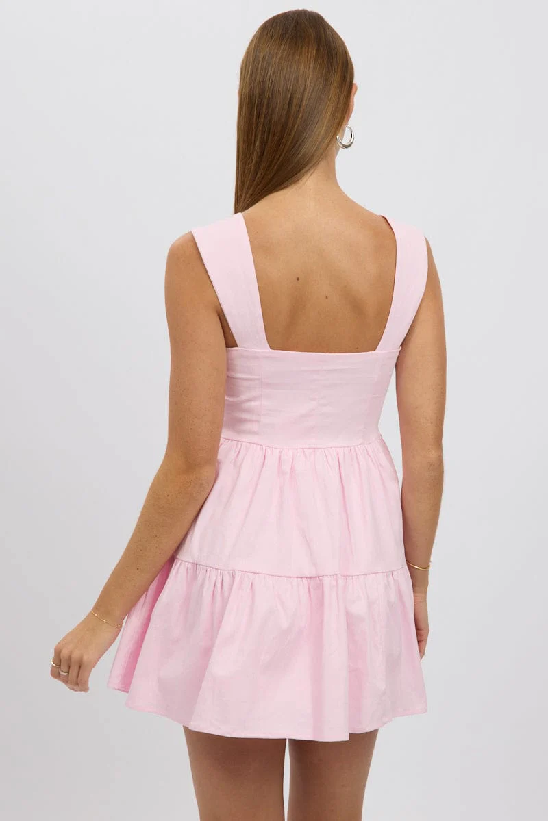Pink Fit And Flare Dress Mini Front Button Placket - Image 5