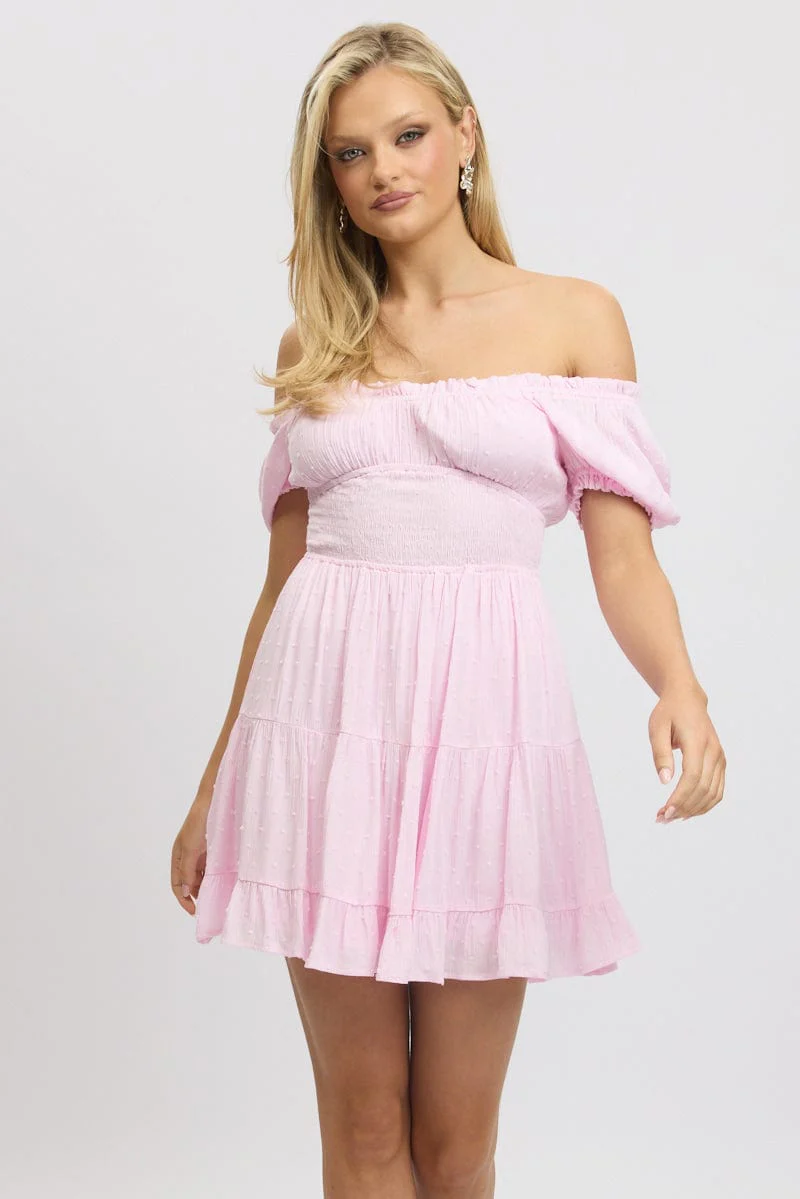 Pink Fit And Flare Dress Puff Sleeve Mini - Image 3
