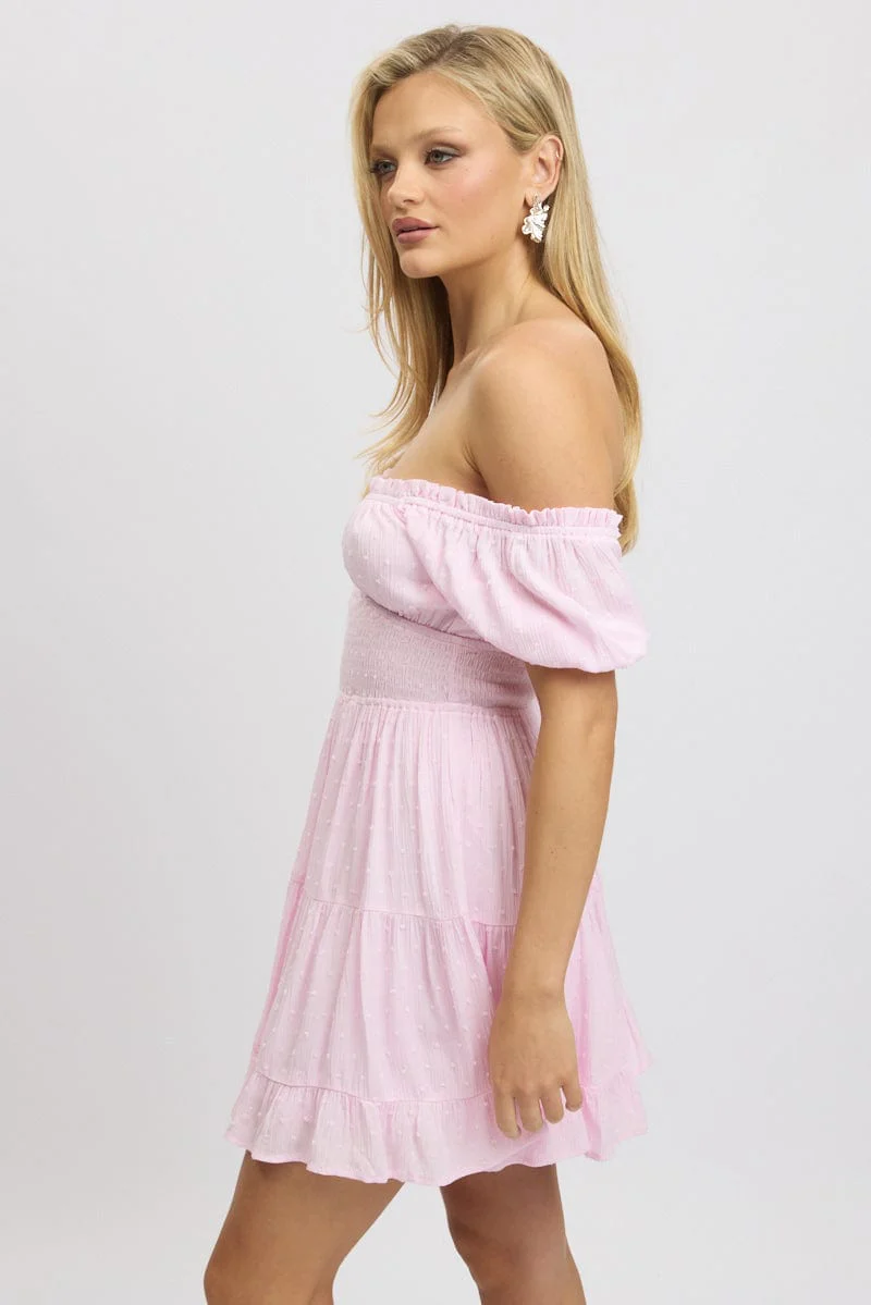 Pink Fit And Flare Dress Puff Sleeve Mini - Image 4
