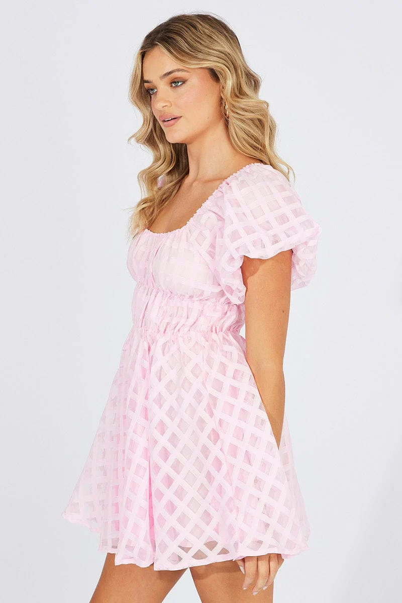 Pink Fit And Flare Dress Puff Sleeve Mini - Image 4