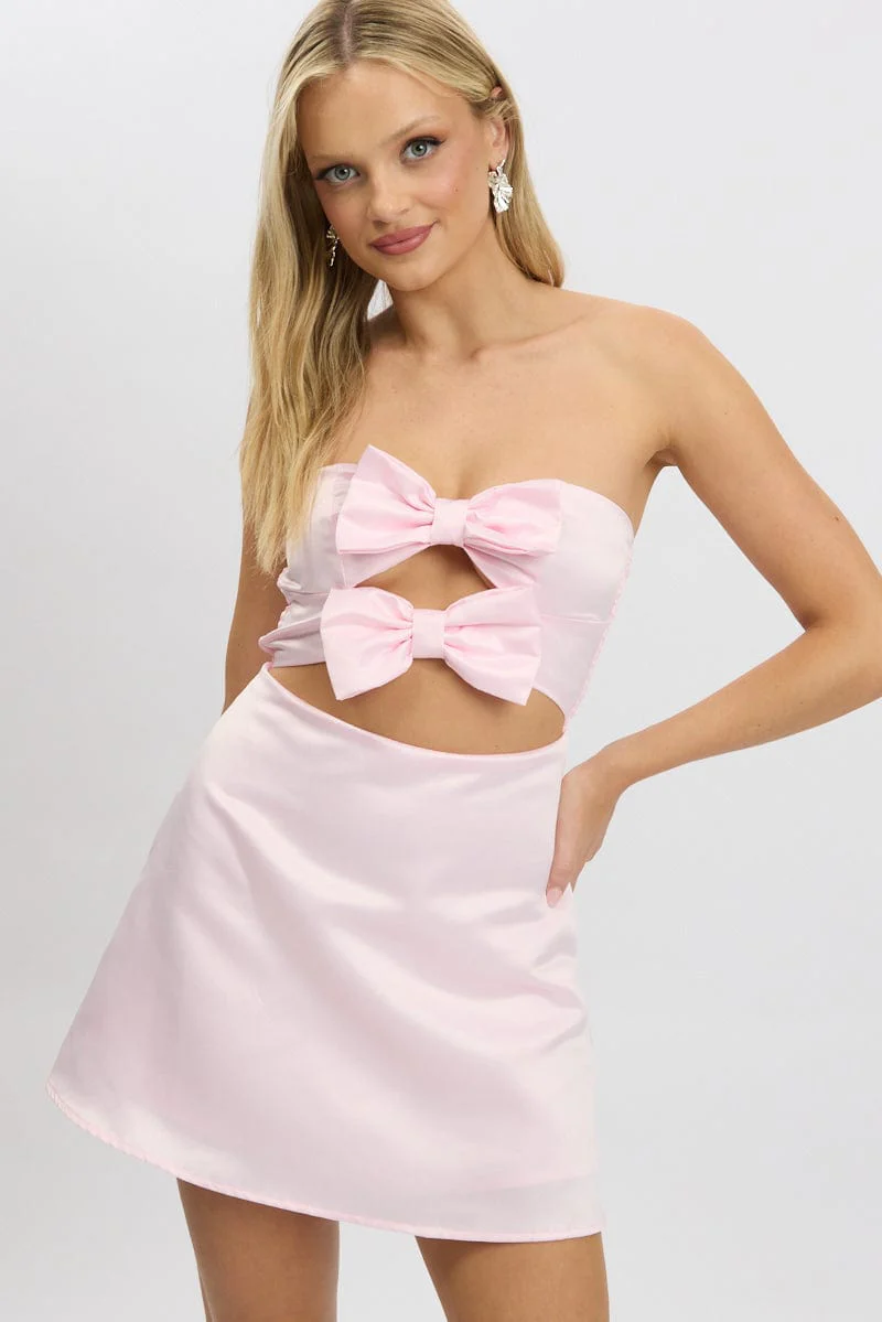 Pink Fit And Flare Dress Ribbon Detail - Image 2