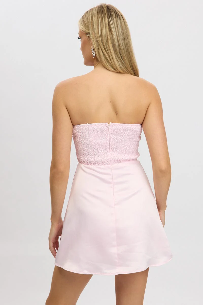 Pink Fit And Flare Dress Ribbon Detail - Image 5