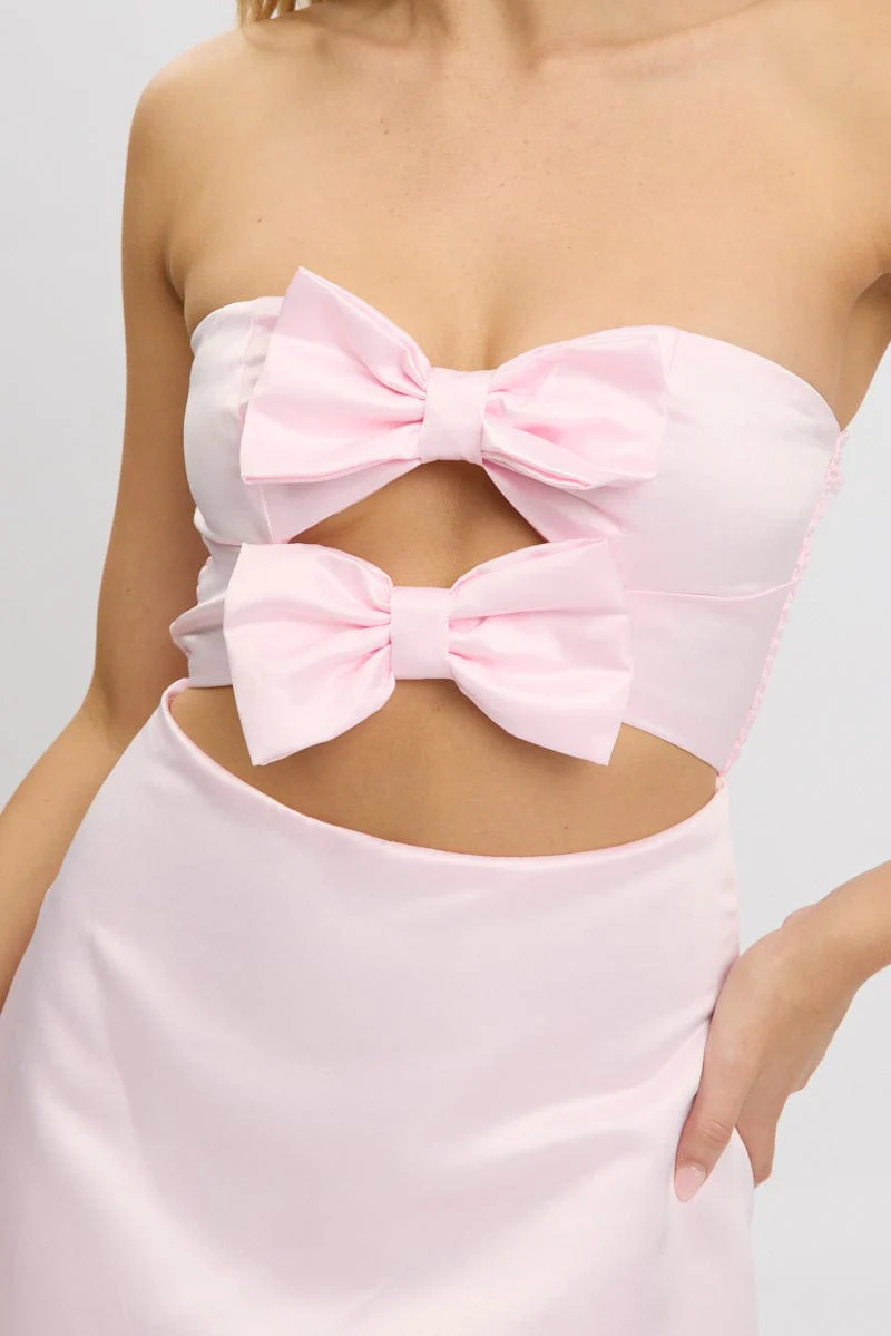 Pink Fit And Flare Dress Ribbon Detail - Image 6