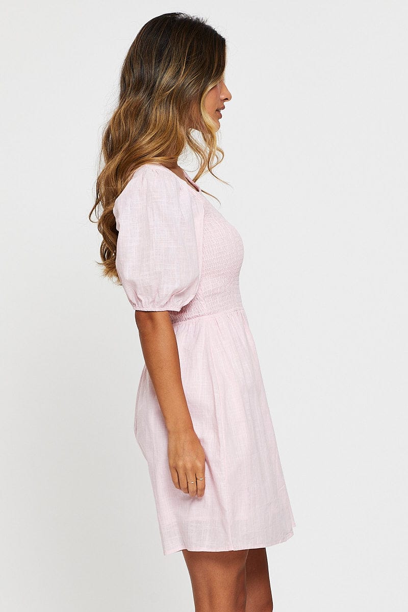 Pink Fit And Flare Dress Short Sleeve Round Neck - Image 4