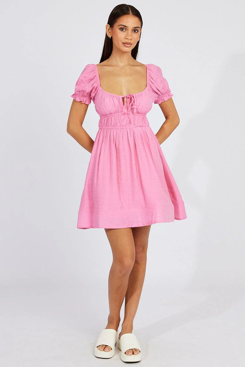 Pink Fit and Flare Dress Short Sleeve Ruched - Image 2