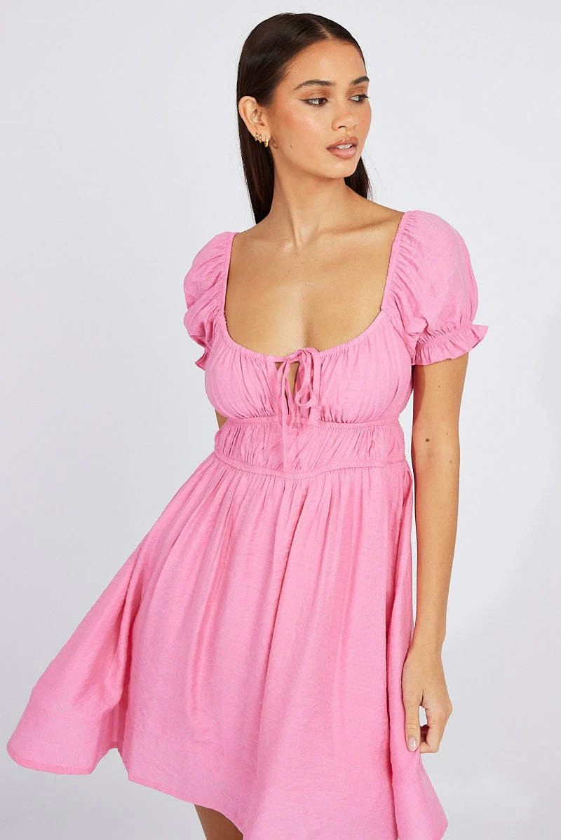 Pink Fit and Flare Dress Short Sleeve Ruched - Image 3