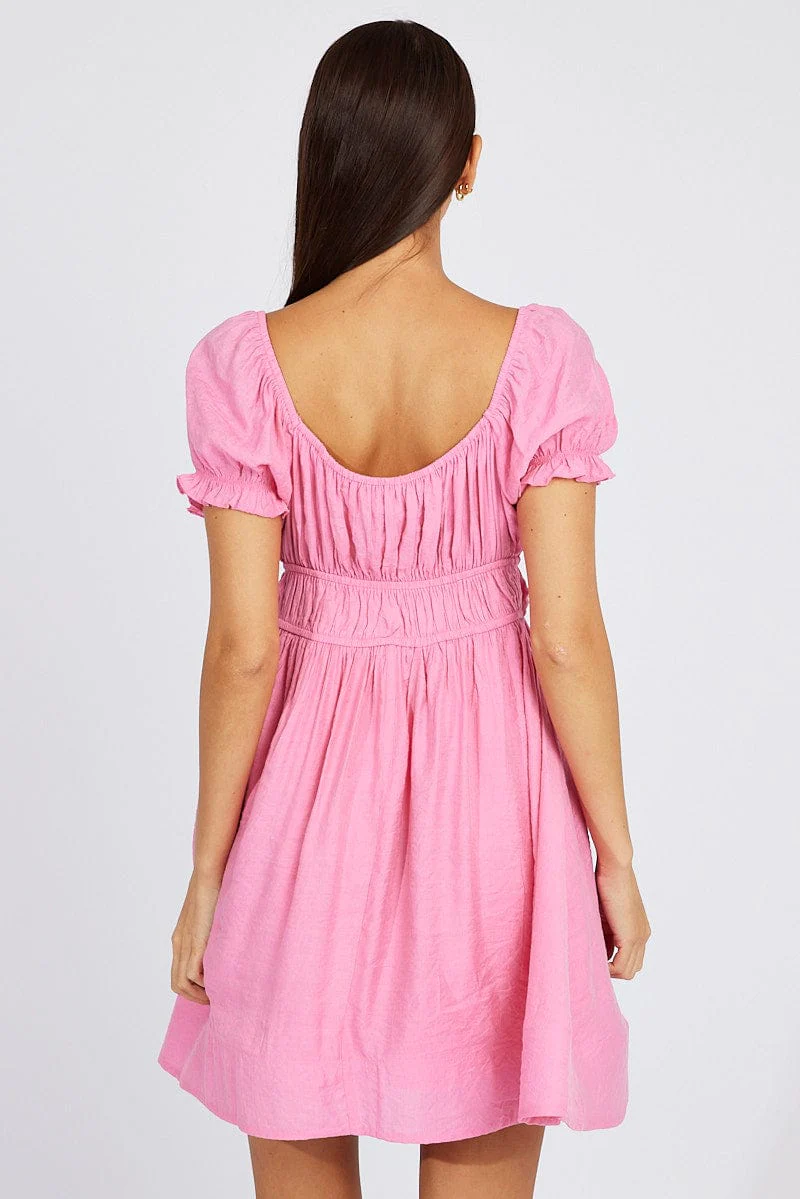 Pink Fit and Flare Dress Short Sleeve Ruched - Image 5