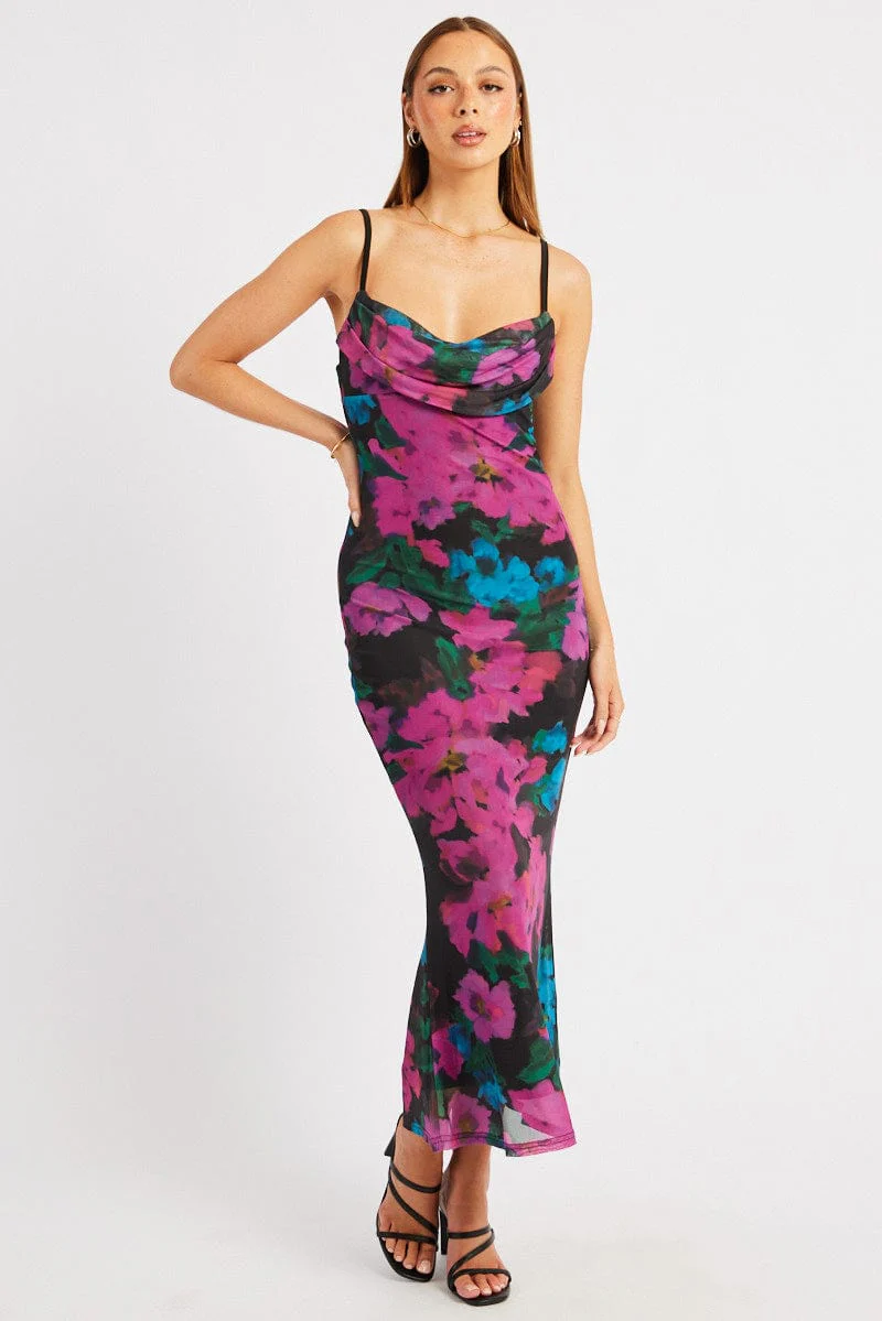 Pink Floral Bodycon Dress Singlet Cowl Neck Maxi - Image 3