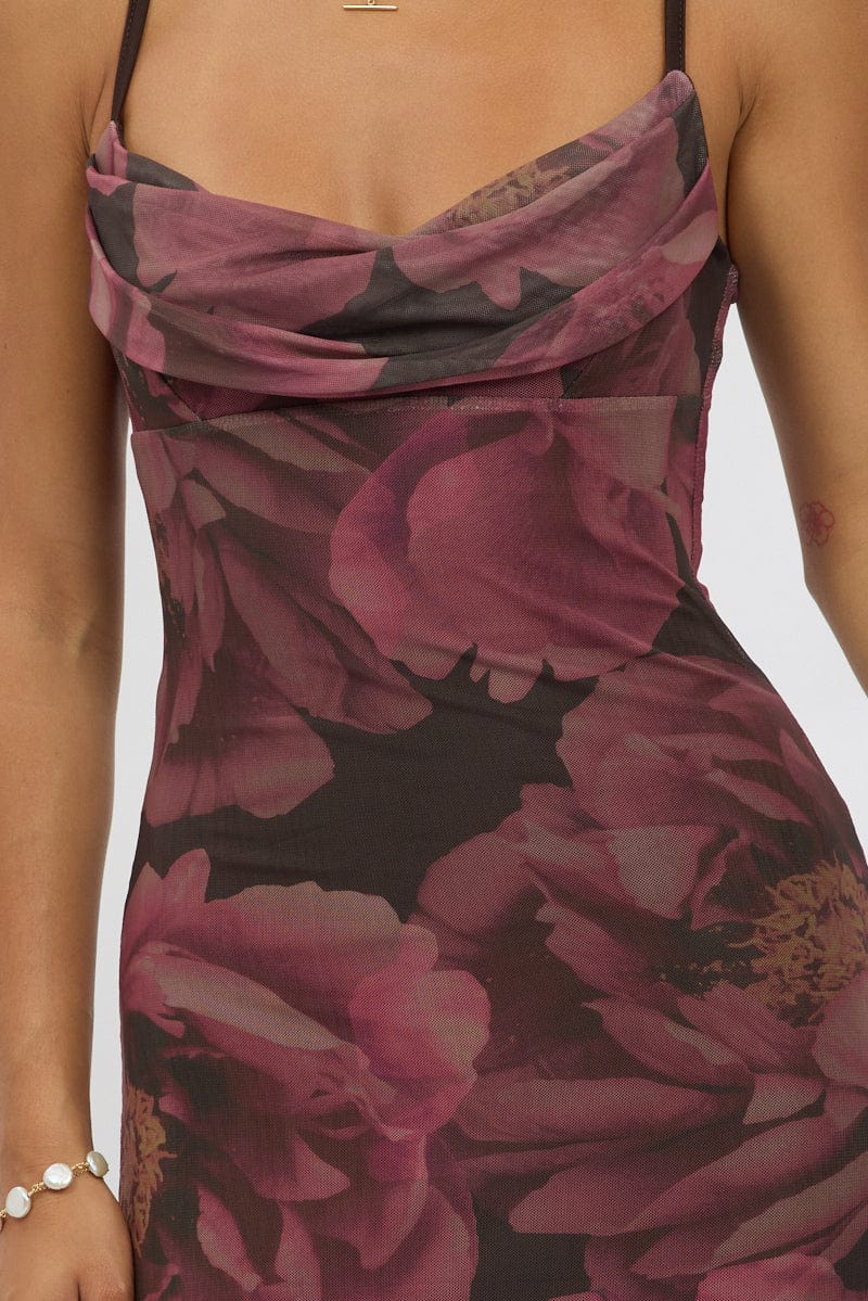 Pink Floral Bodycon Dress Singlet Cowl Neck Maxi - Image 5