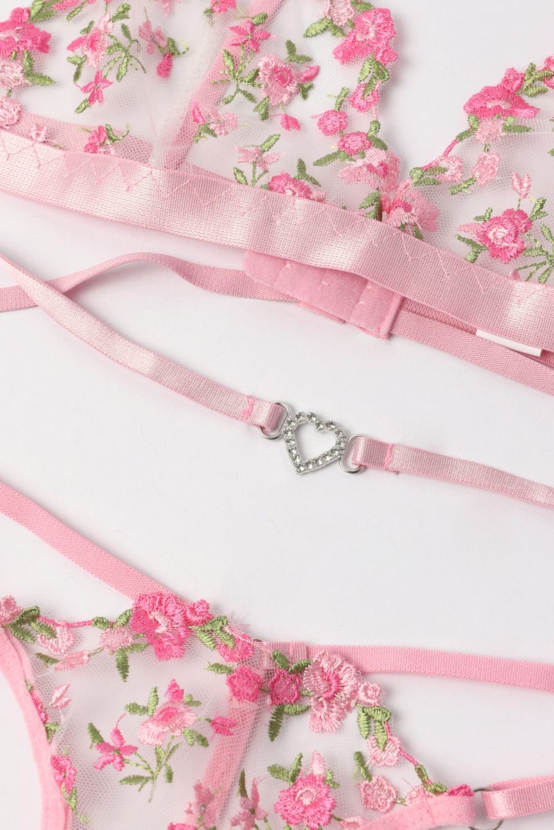 Pink Floral Embroidery Lingerie Set - Image 3