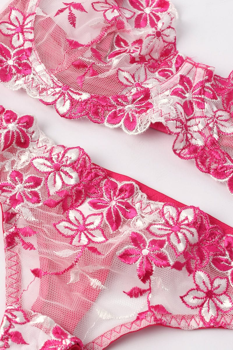 Pink Floral Embroidery Lingerie Set - Image 3