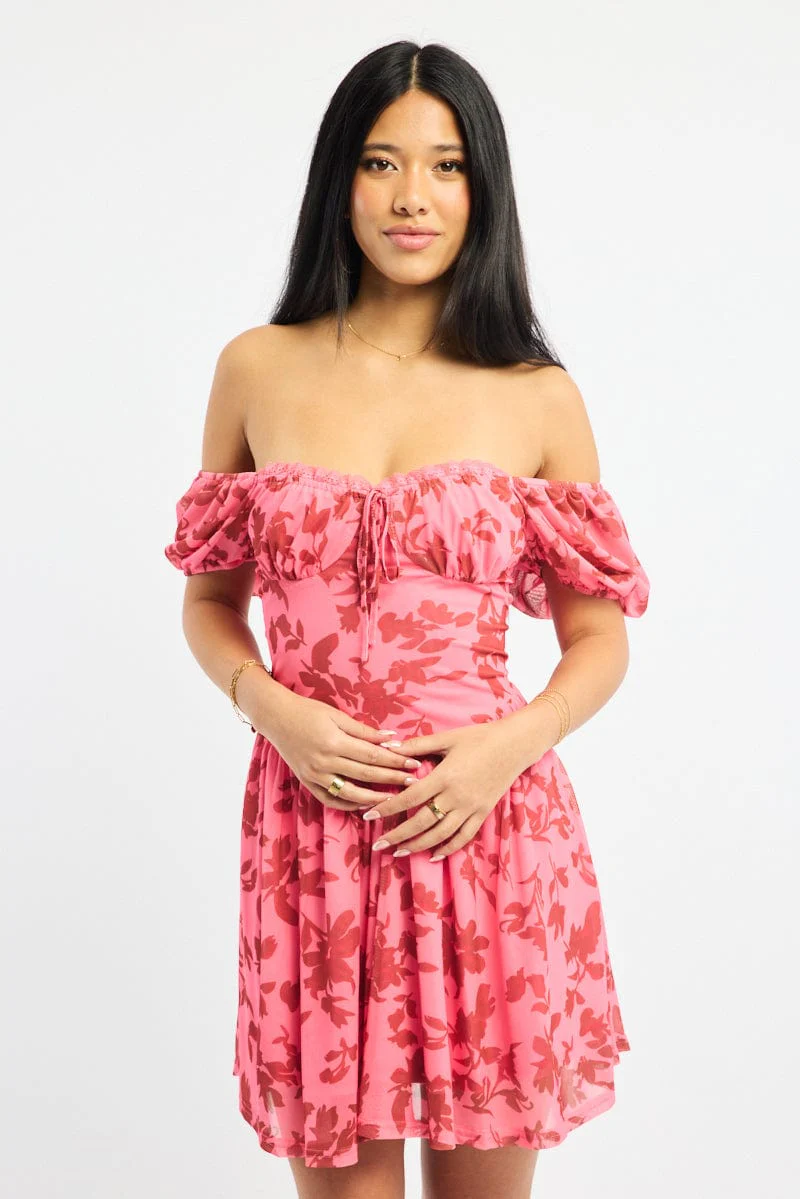 Pink Floral Fit And Flare Dress Puff Sleeve Mesh - Image 2
