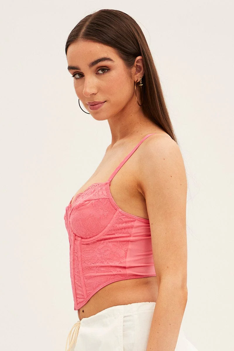 Pink Floral Lace Corset Top Lingerie - Image 4
