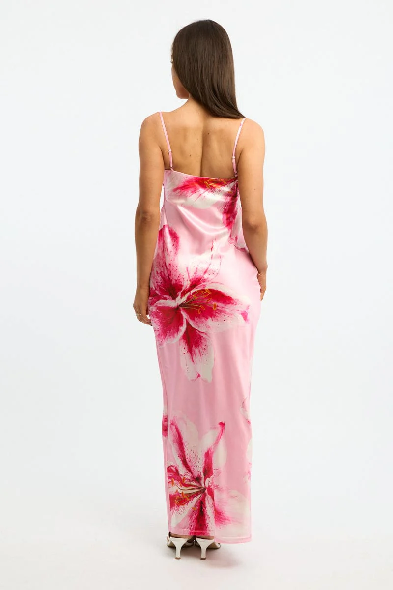 Pink Floral Maxi Dress Cowl Neck - Image 5