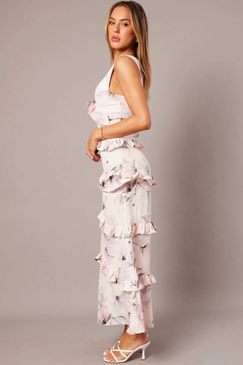 Pink Floral Maxi Dress Tiered Ruffles - Image 4