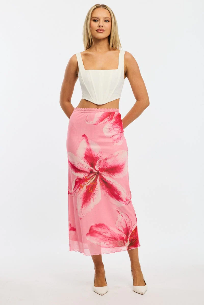 Pink Floral Mesh Skirt Elasticated Lace Trim Midaxi - Image 3