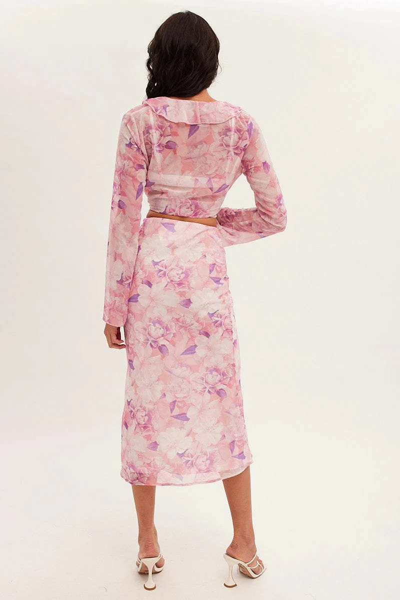 Pink Floral Midi Skirt Floral Printed Chiffon - Image 5