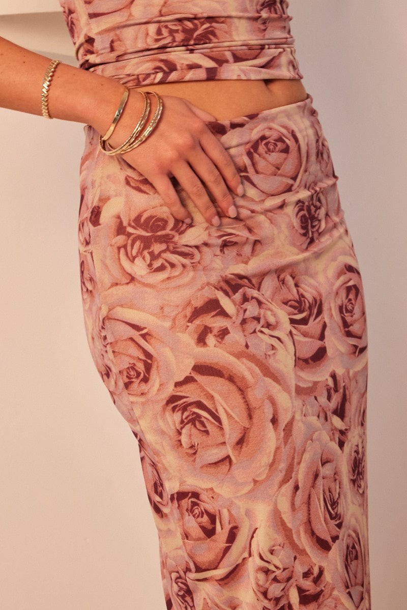 Pink Floral Midi Skirt High Rise Mesh - Image 5