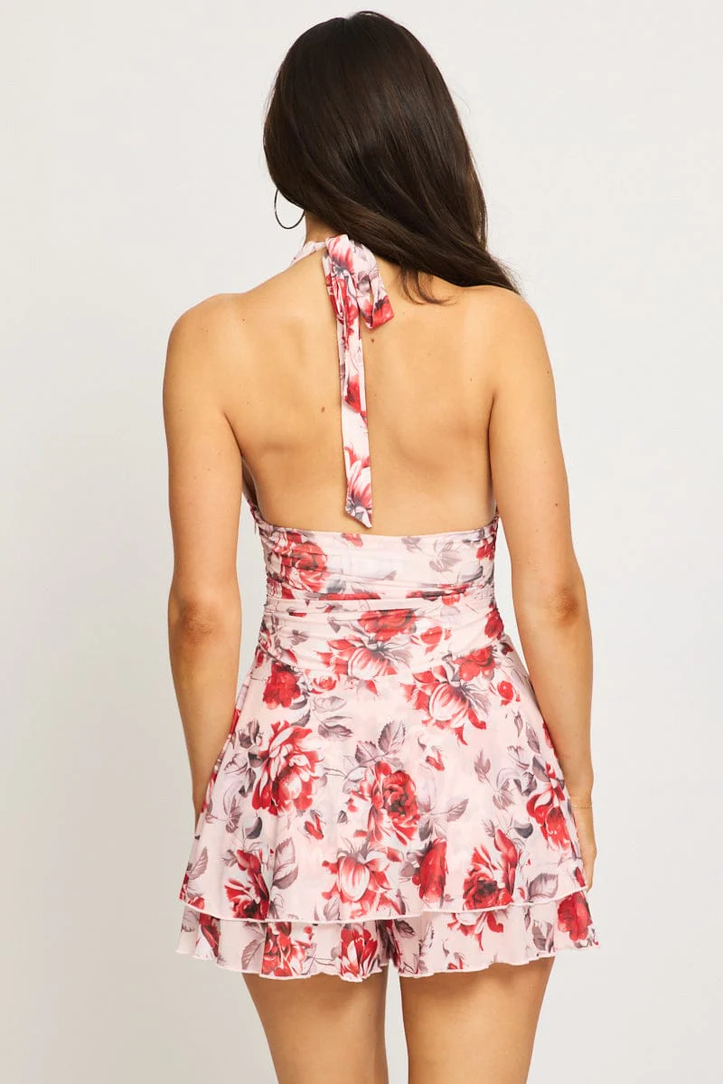 Pink Floral Playsuit V-neck Mesh - Image 4
