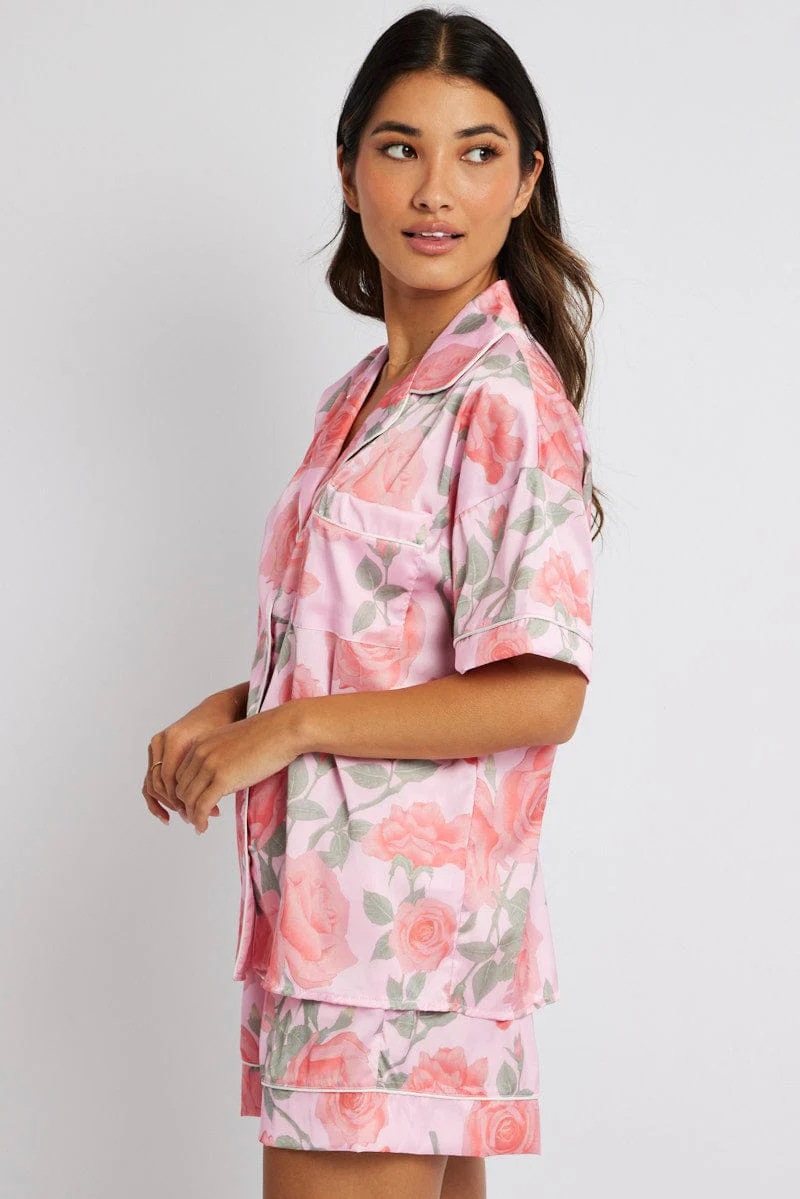 Pink Floral Pyjama Set Satin Short Sleeve Piping PJ - Image 4