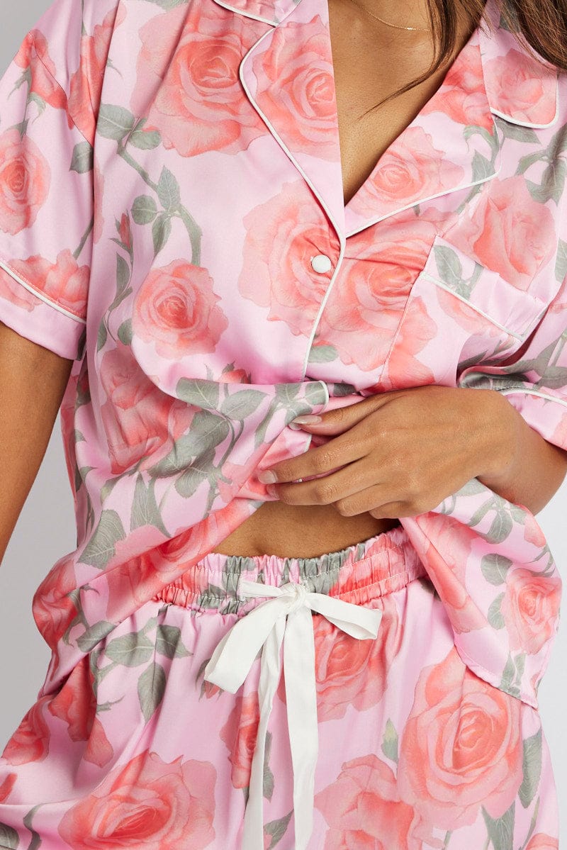 Pink Floral Pyjama Set Satin Short Sleeve Piping PJ - Image 6