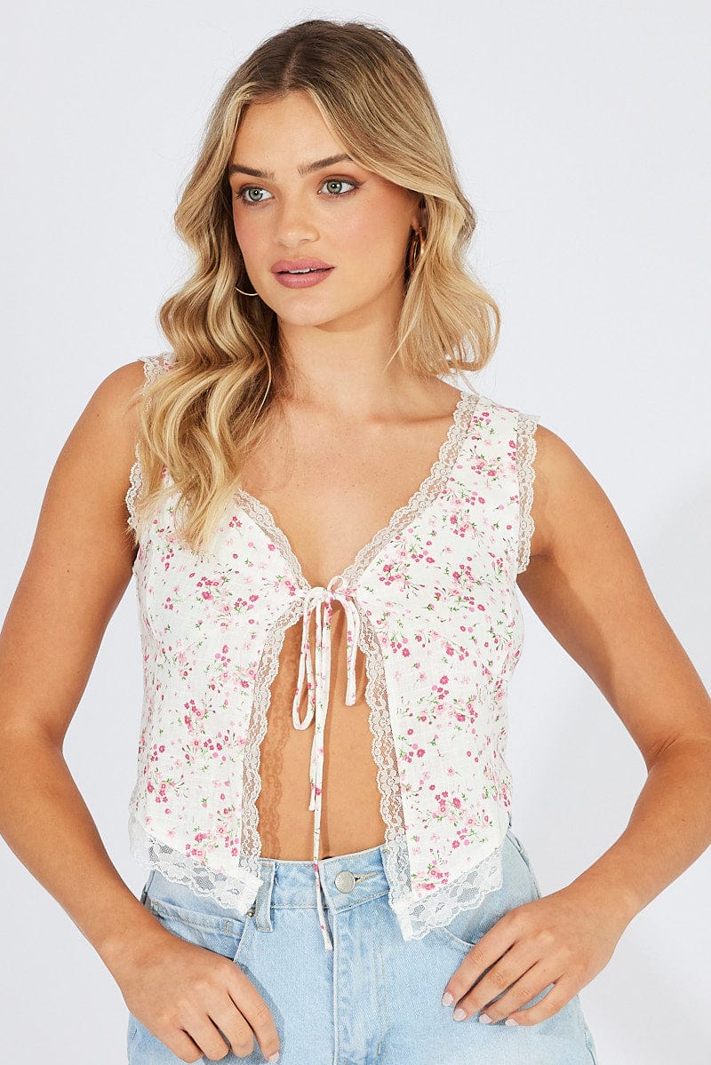 Pink Floral Tie up Front Top Sleeveless - Image 2