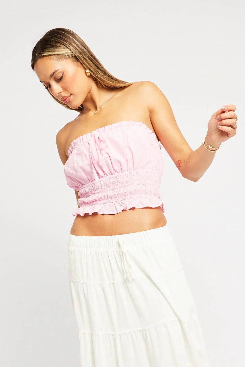 Pink Gathered Crop Top Strapless