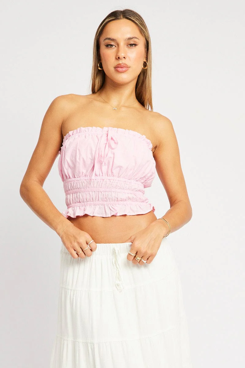 Pink Gathered Crop Top Strapless - Image 3