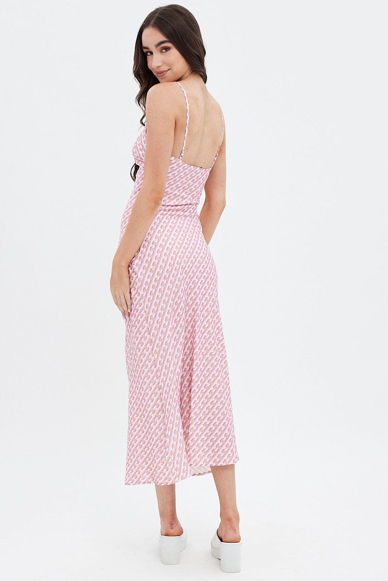 Pink Geo Midi Dress V-Neck Sleeveless - Image 5