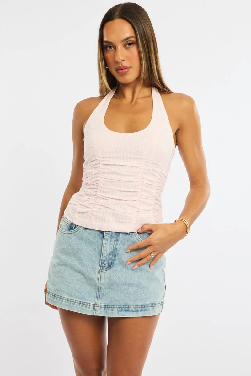 Pink Halter Top Sleeveless Gathered Textured Cotton