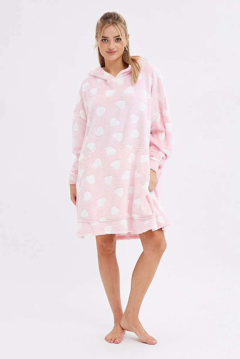 Pink Heart Print Cosy Blanket Hoodie PJ - Image 2