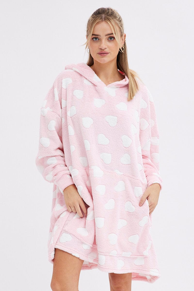 Pink Heart Print Cosy Blanket Hoodie PJ - Image 3