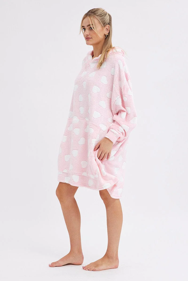 Pink Heart Print Cosy Blanket Hoodie PJ - Image 4