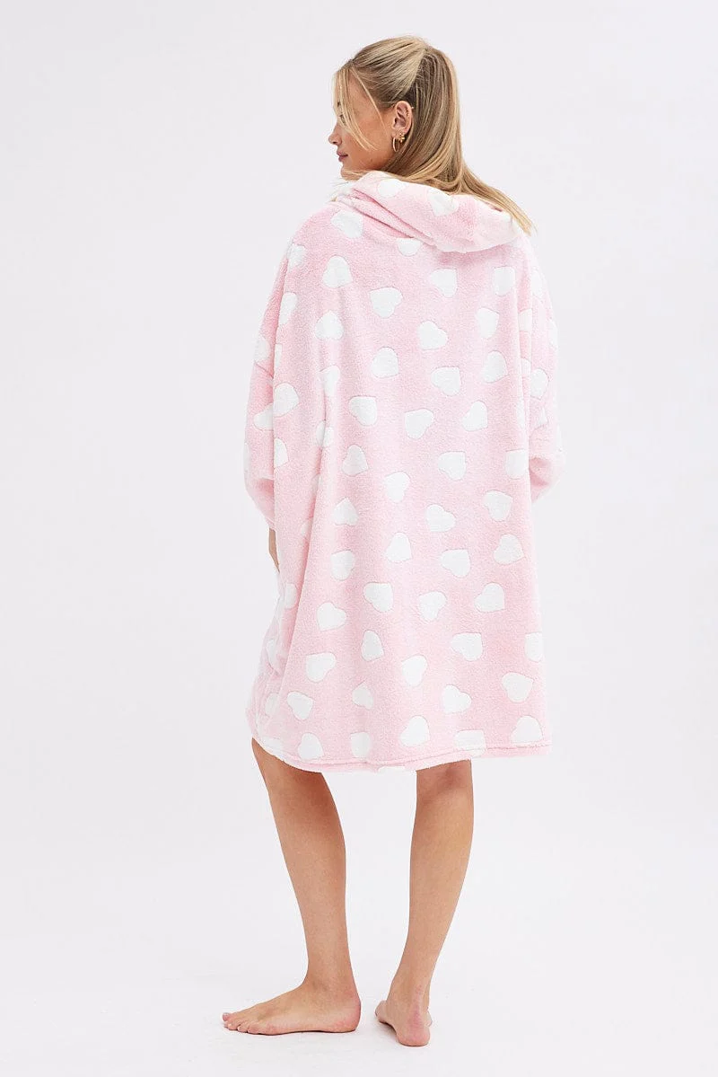 Pink Heart Print Cosy Blanket Hoodie PJ - Image 5