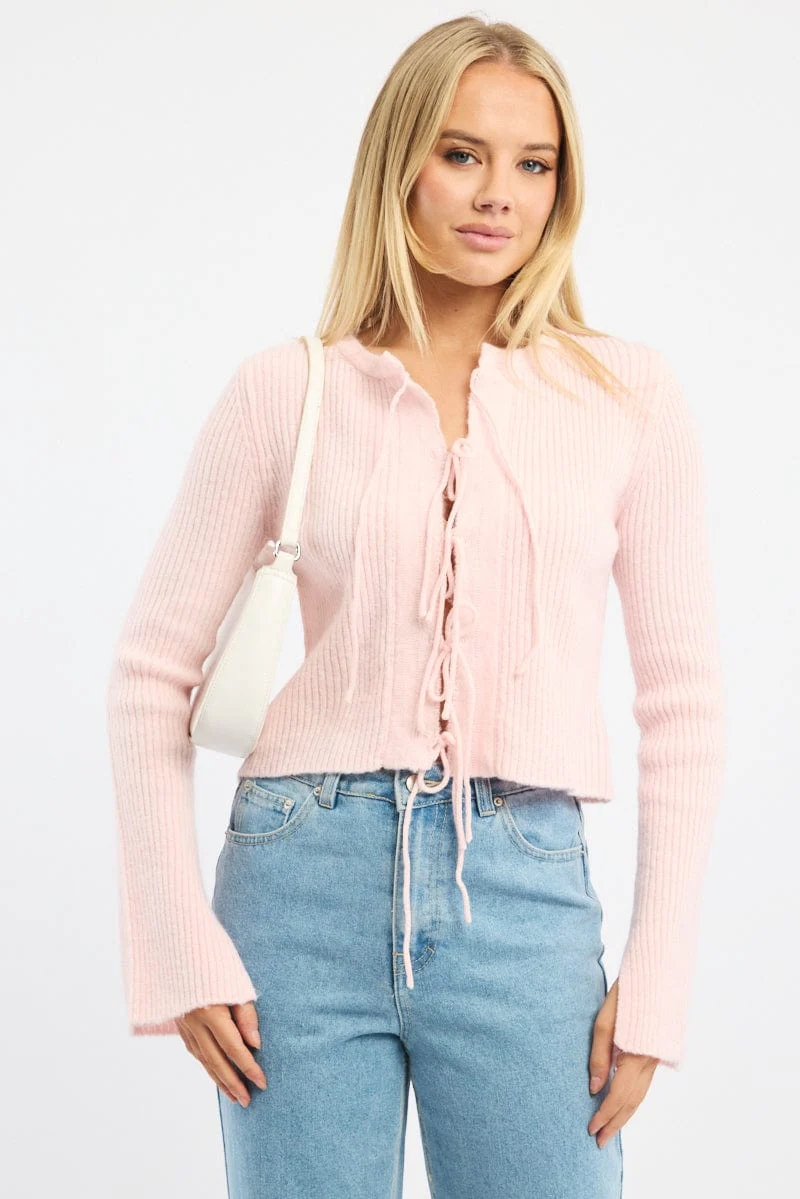 Pink Knit Cardigan Tie Up Long Sleeve