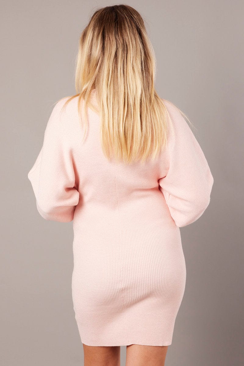 Pink Knit Dress Long Sleeve Mini - Image 5