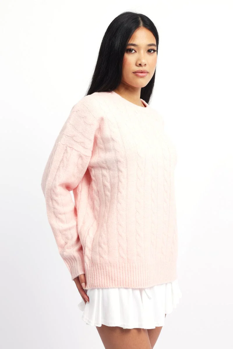 Pink Knit Jumper Long Sleeve Cable - Image 3
